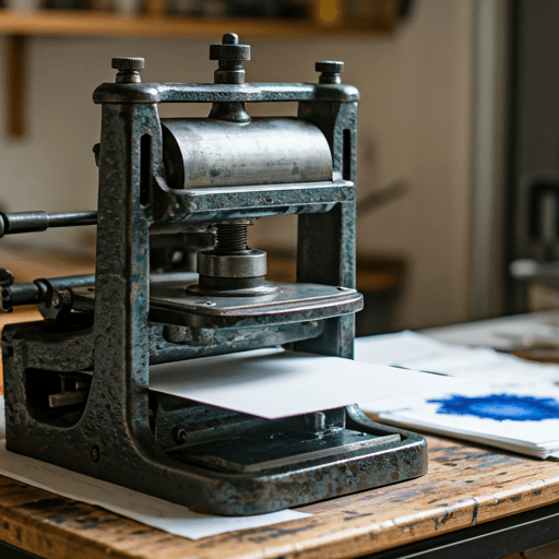 Close-up of a vintage heavy iron printing press